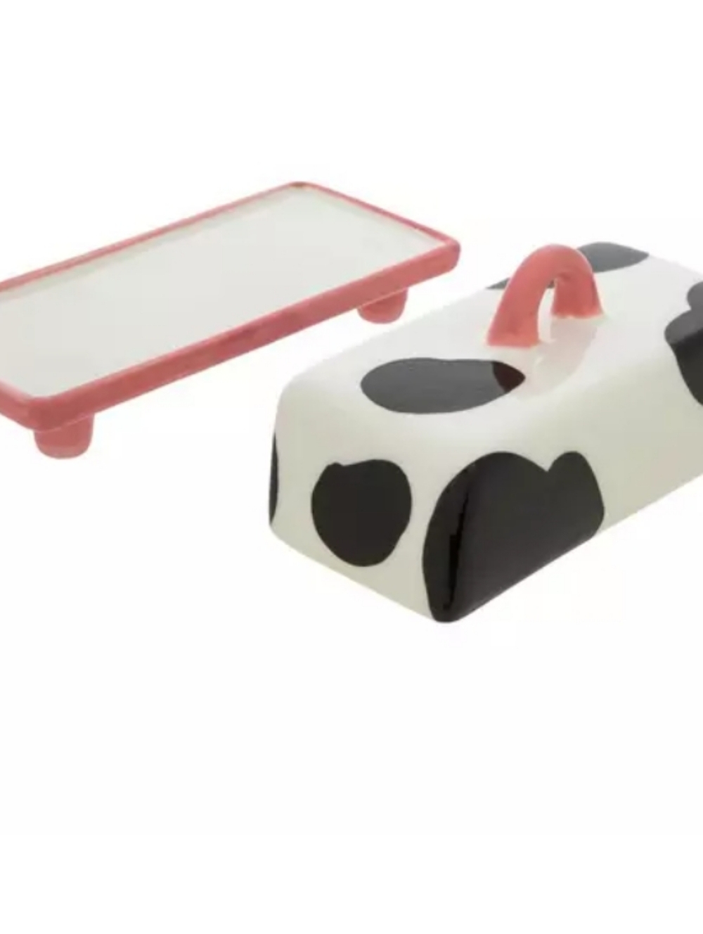 Ceramic Black-and-White Cow Print Butter Dish with Pink Accent